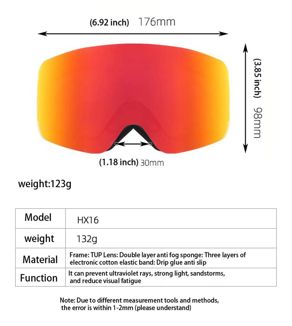 Adult Ski Snowboard Goggles Unisex Double Anti-Fog UV400 Cylindrical Lens Skiing Eyewear Mask Snow Protection over Glasses