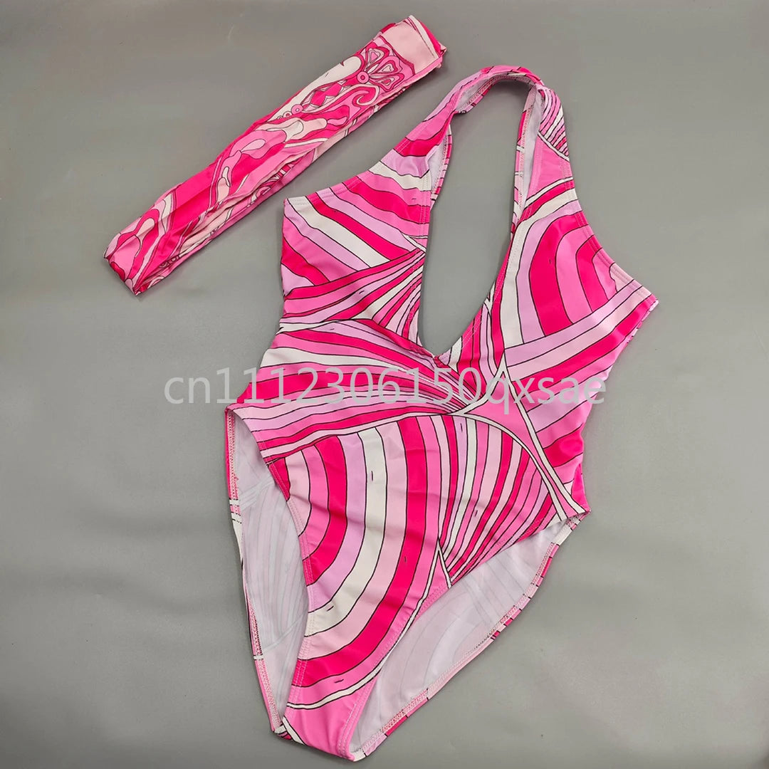 Women's Pink Headband Scarf Swimsuits with Letter Signature Logo Lady Headband Scarf Bikini Sets Beachwear Swimwear