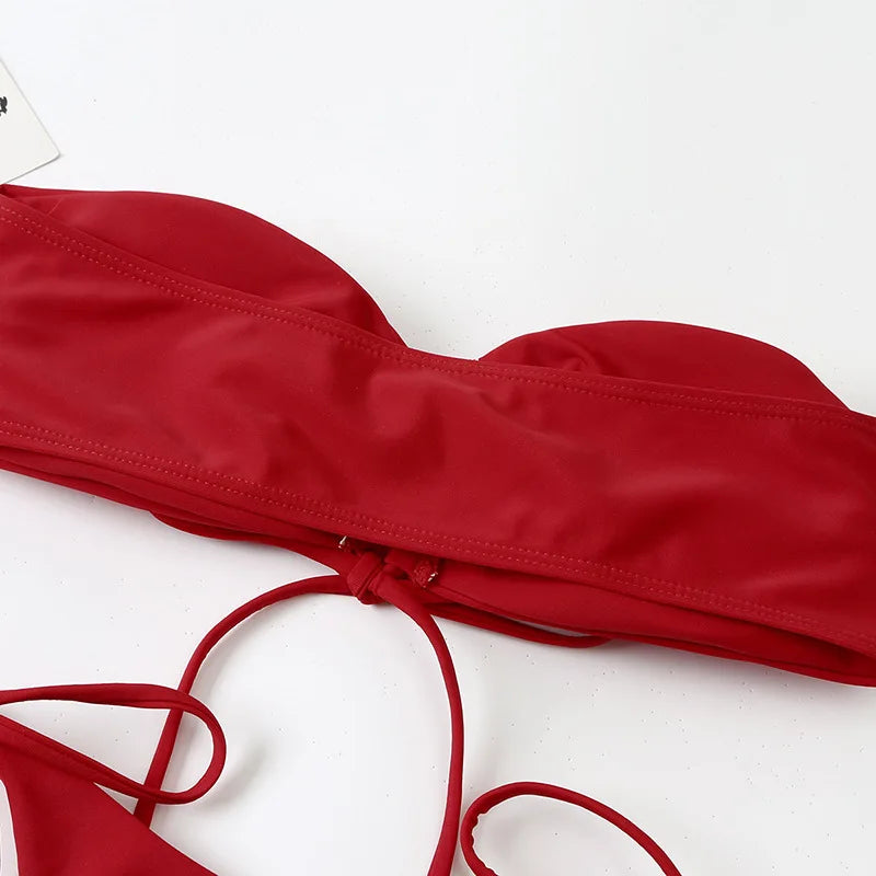 Sexy Bandeau Bikini Swimwear Women Red Black Pleate Lace Up Swimsuit 2026 Cut Out Beach Bathing Suit Tie Side Thong Bikinis Sets