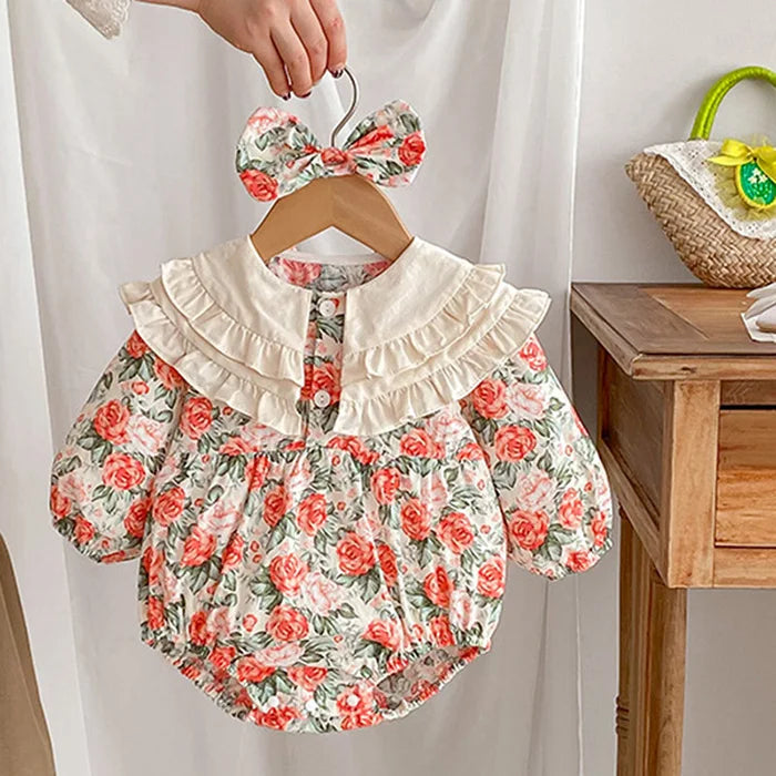2025 New Spring Baby Sisters Dress 1-5Yrs Girl Party Dress Long Sleeved Cotton Rose Print Romper Sisters Kids Princess Dresses