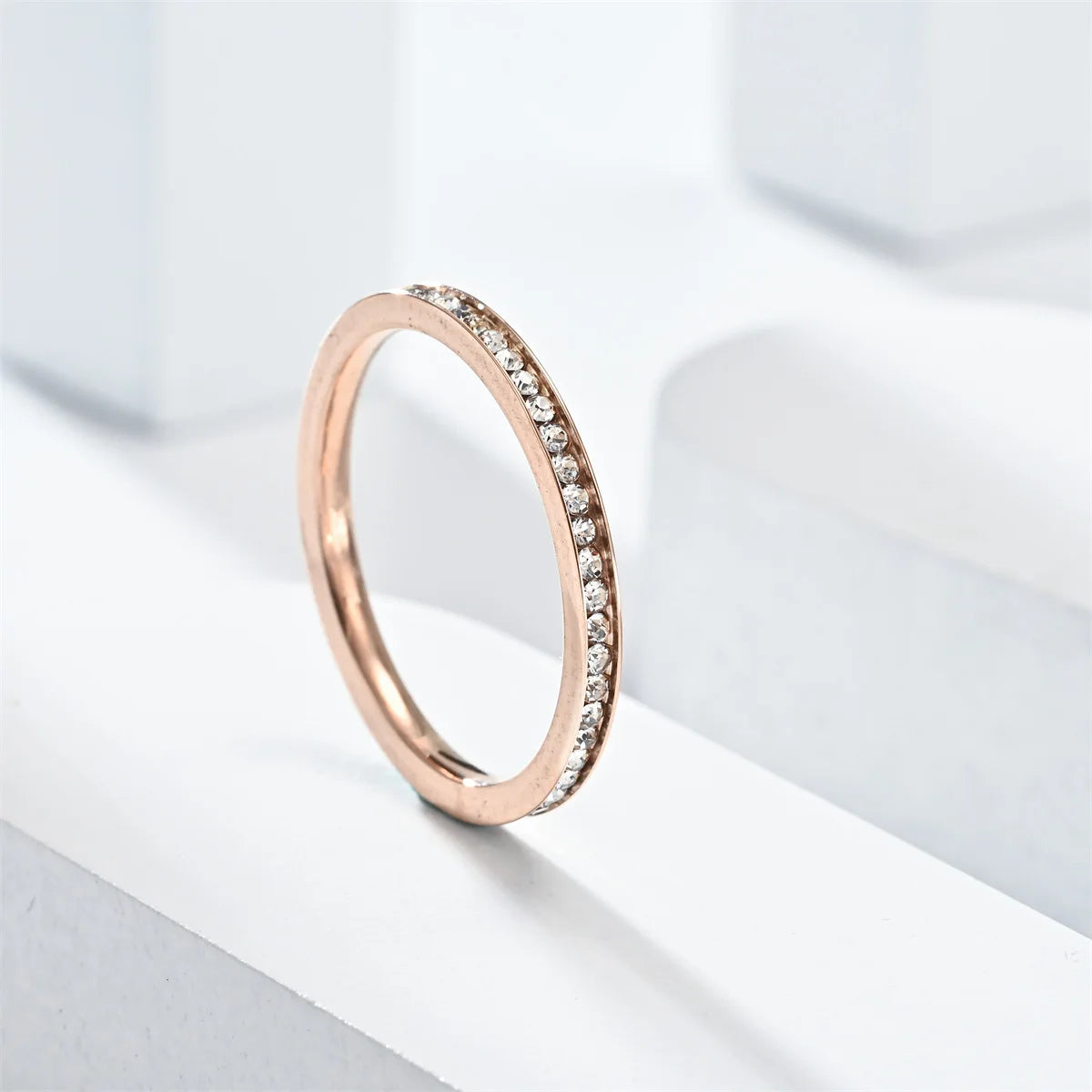 Unisex Luxury 2mm Stainless Steel Cubic Zircon Ring Gold Silver Color Adjustable Statement Band for Men And Women US Size 5-11