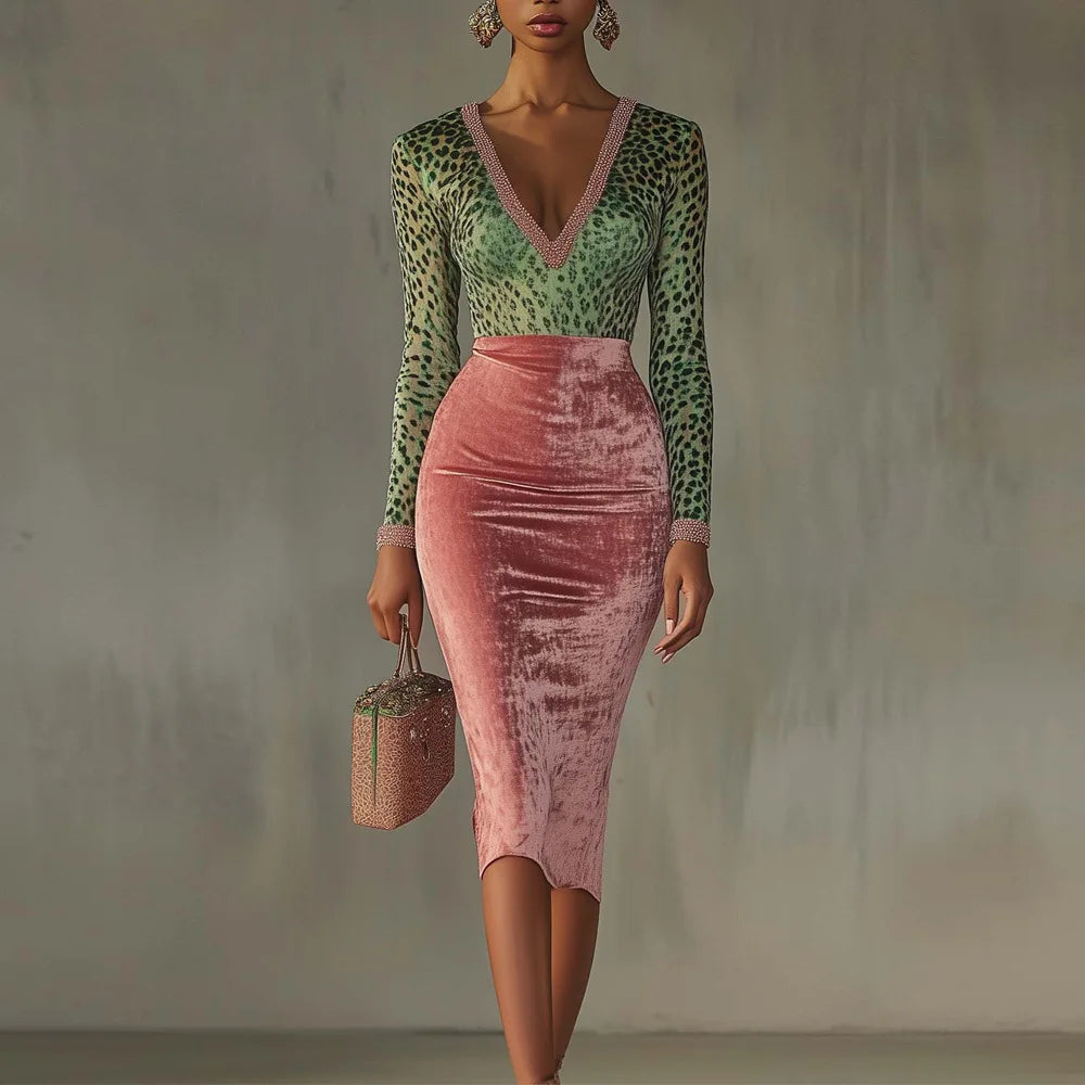 Spring And Autumn New Comfortable Casual Dress Women's Sexy V-neck Stitching Slim Wrap Hip High-waisted Long-sleeved Dresses