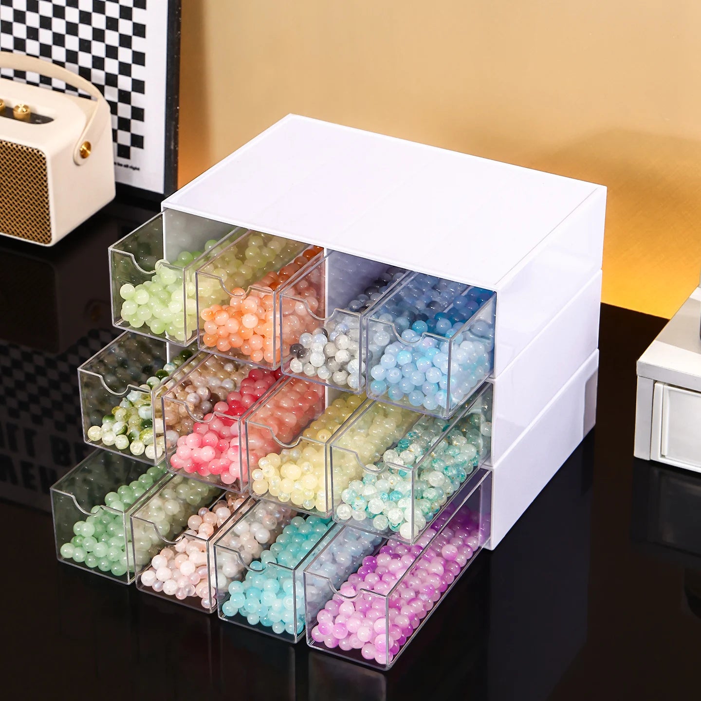1pc Acrylic 1Layer 4Grid Bead Jewelry Organizer Stackable Separate Compartment Desktop Storage Box Suitable Hair Jewelry Storage