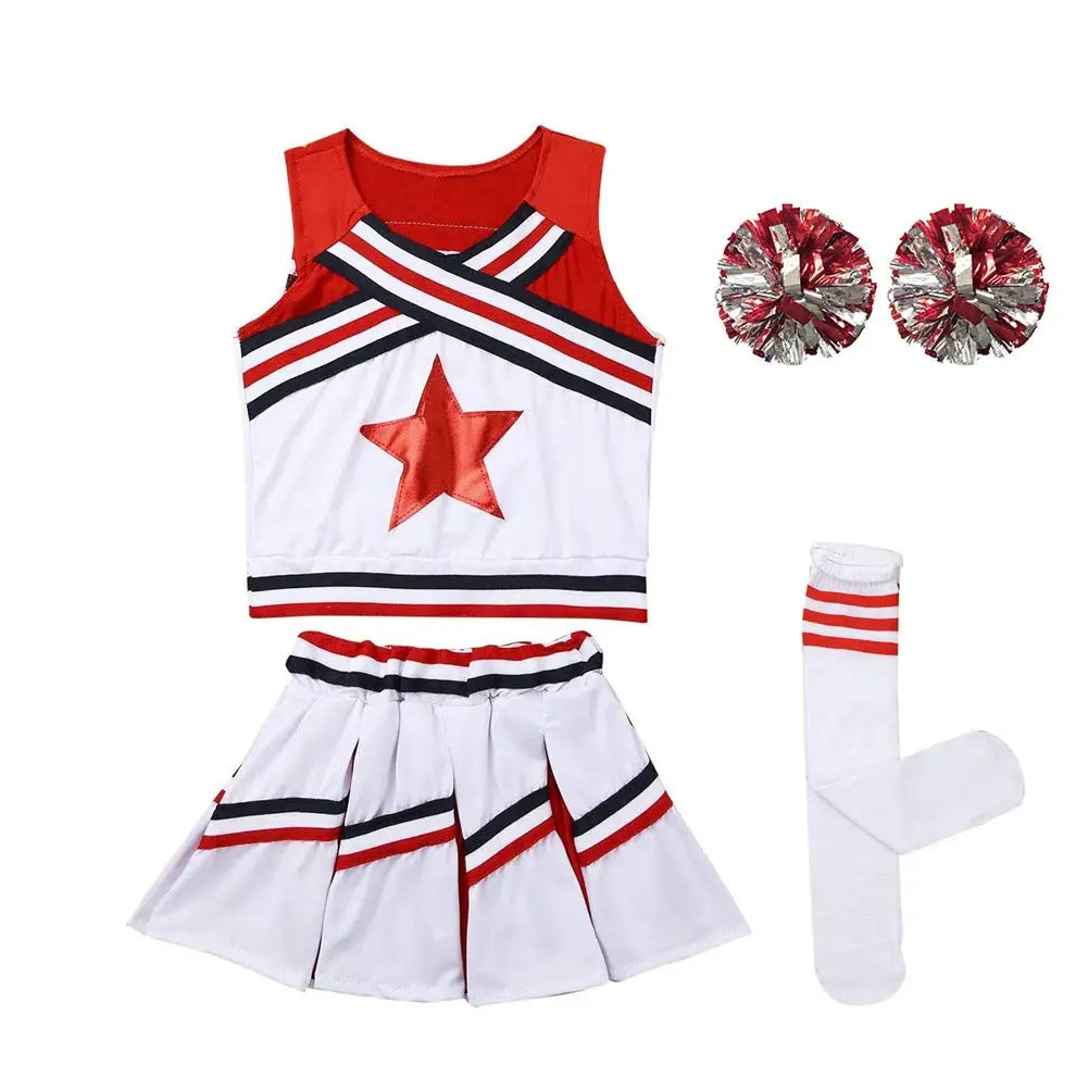 LOlanta 4Pcs Girls' Cheerleading Costumes with Socks Kids School Performance Cheerleader Outfit Halloween Fancy Dress Up 4-14Y