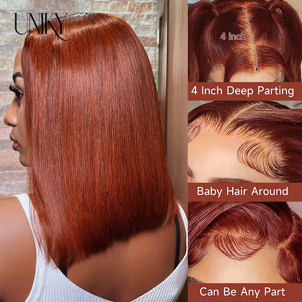 Short Bob Human Hair Wigs Straight Reddish Brown 13x4 Full Lace Frontal Wigs For Women 180 Density Color #33 Glueless Wig
