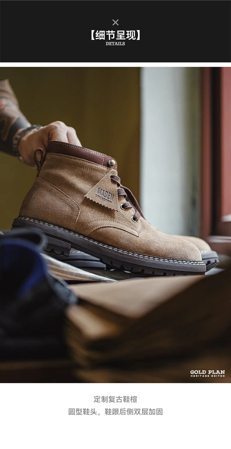 Maden Autumn and Winter Mid-top Work Boots for Men Round-toed Flat-heeled Boots Retro Outdoor Shoes Wear-resistant Rubber Sole