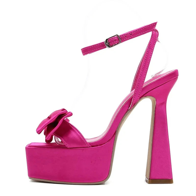 Liyke Runway Style Ultra High Heels Platform Sandals Women 2026 Summer Fashion Satin Bowknot Square Toe Wedding Banquet Shoes
