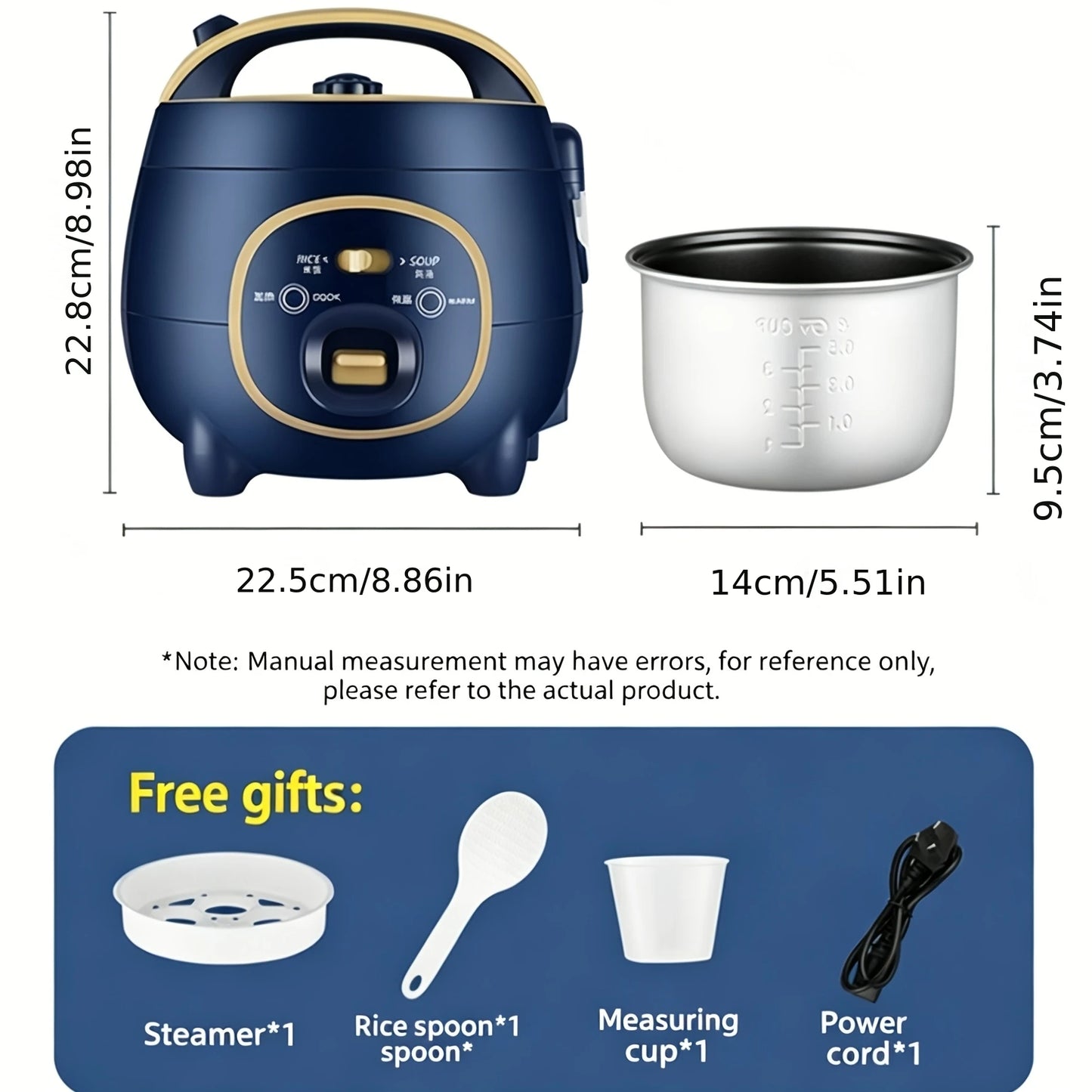 1pc Mini Electric Rice Cooker with Steamer Kitchen Non-Stick Pot 1.8L Keep Warm Function Portable Multi Cooker for Soup