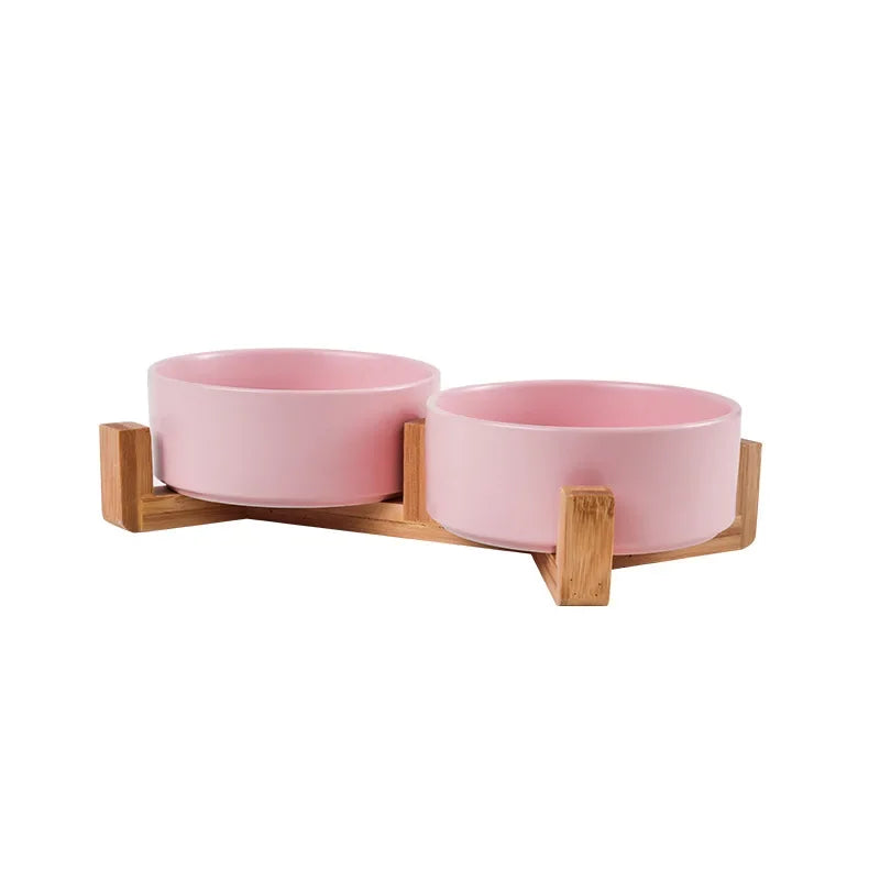 Cat bowl cerami double bowl water bowl integrated wooden rack protects cervical spine high-legged dog bowl dog bowl