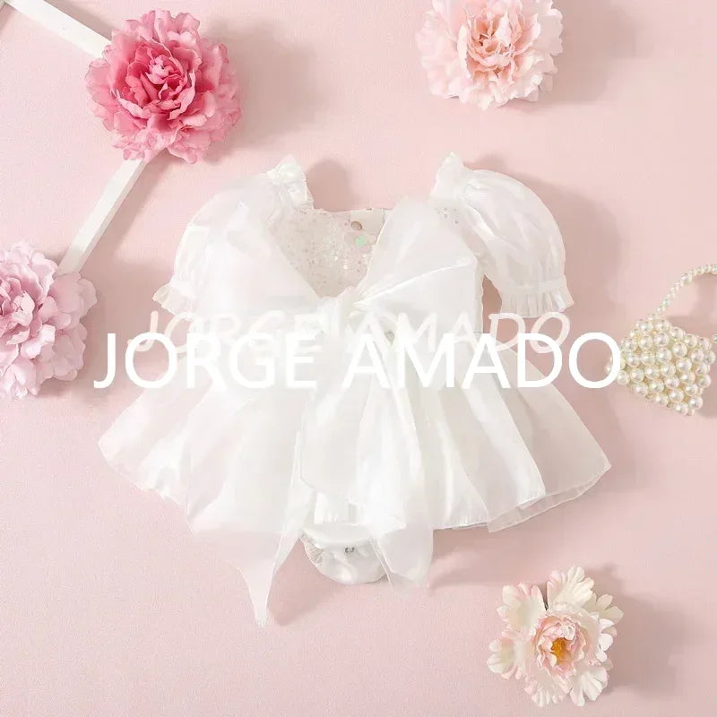 New Summer Sister Girl Matching Romper Dress Short Sling Sleeves Big Bow Bodysuit Sequined Princess Dresses Twins Clothing H1518