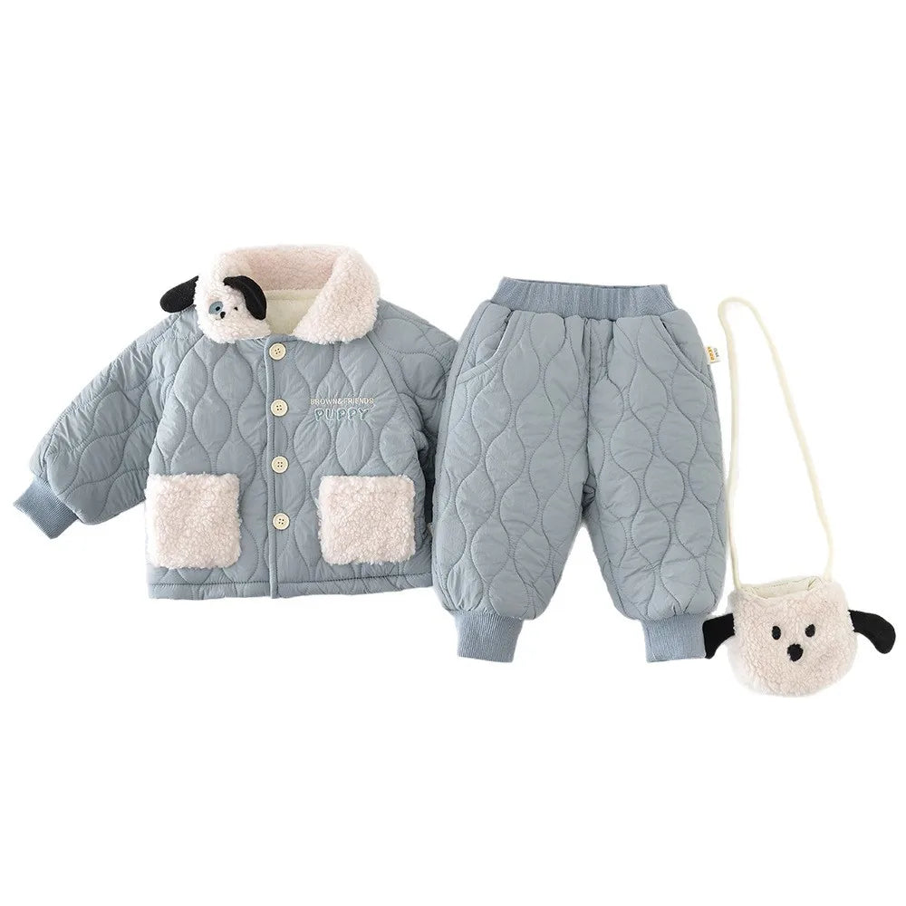 2025 Winter New Baby Warm Clothes Set Boys Girls Cute Lapel Padded Jacket + Pants 2pcs Suit Plus Velvet Thick Infant Outfits