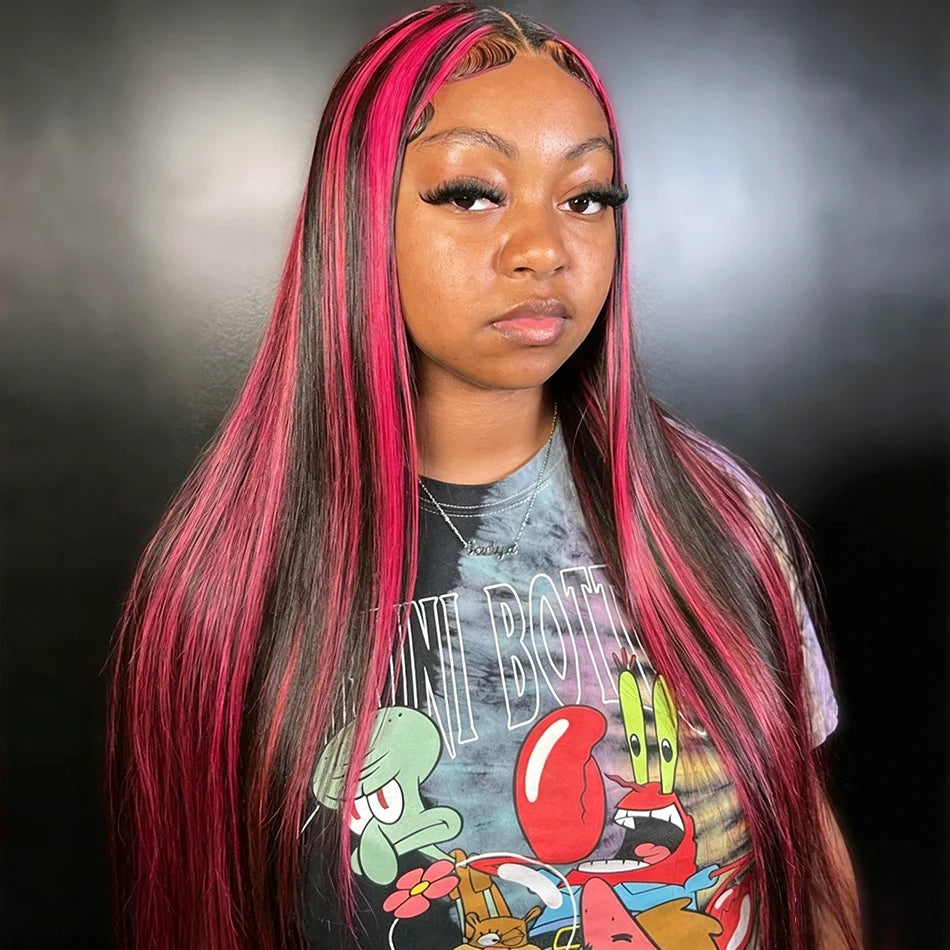 Pink Highlight Colored Human Hair Wigs Woman 13x4 Transparent Lace Front Wig On Clearance Sale Lace Frontal Wig Glueless HD Wigs