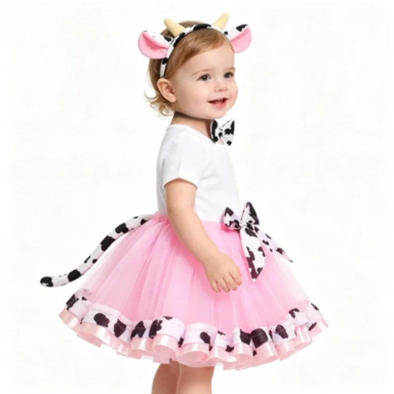 Girls' Short Skirt Midi Skirt Double-Layer Mesh Tutu Skirt,Cow Four-Piece Set Animal-Themed Dress, Halloween Performance Costume
