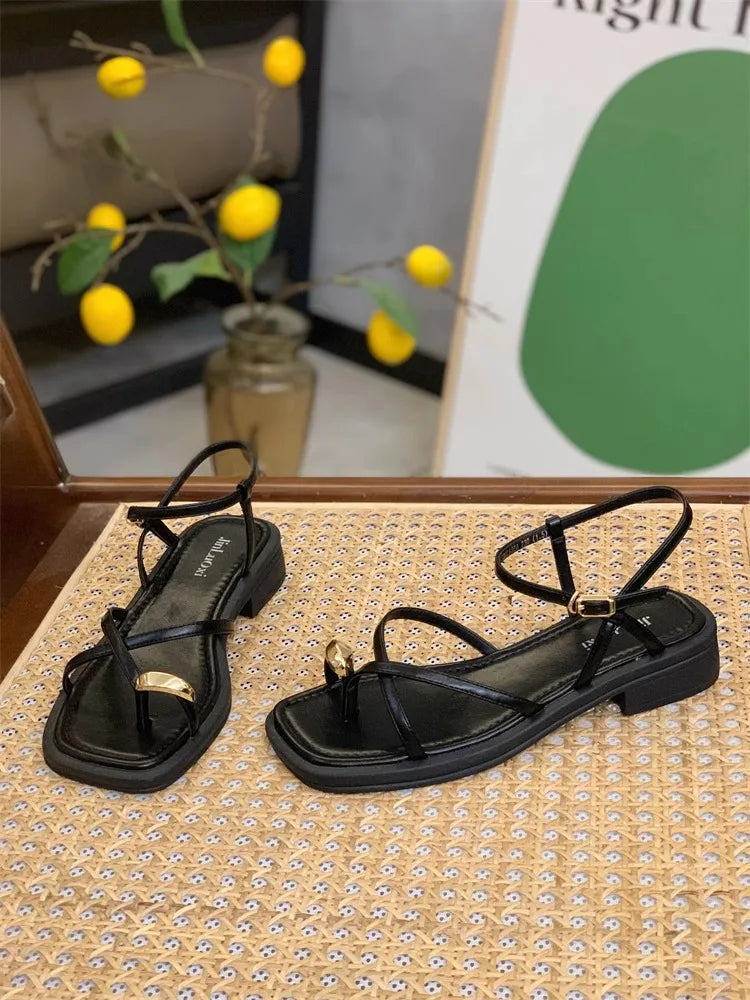 Sandals Women 2024 Summer New Fashion Square Toe Roman Shoes Simple Fairy Strap Women Shoes Flat Casual Shoe Sandalias De Mujer
