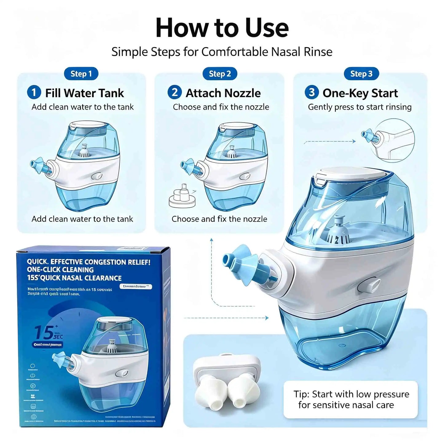 Nasal Irrigation System with Water Tank And Waste Collection for Sinus Rinse - Allergy Relief Nose Cleaner Machine