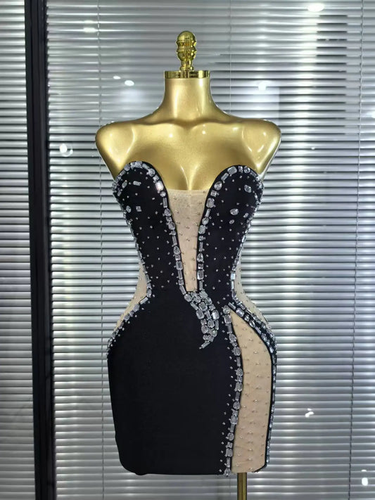 White Black Women Sexy Strapless Shinning Crystal Bodycon Mini Bandage Dress Nightclub Party Celebrate Birthday Cocktail Dress