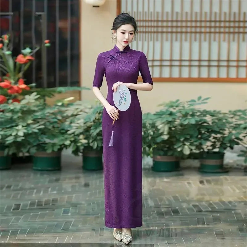 Female Large Size 6XL Maxi Dress Summer Lady Fashion High Fork Long Dresses 2025 Women Solid Color Five Divide Sleeves Cheongsam