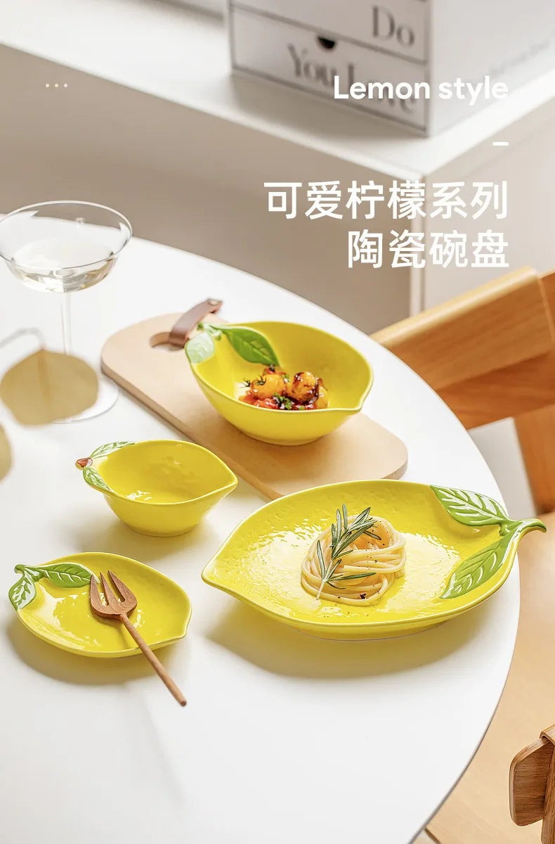 Creative Cartoon Lemon Shaped Ceramic Salad Bowl Soup Bowl Family Fruit Snack Plate Kitchen Utensils Accessories
