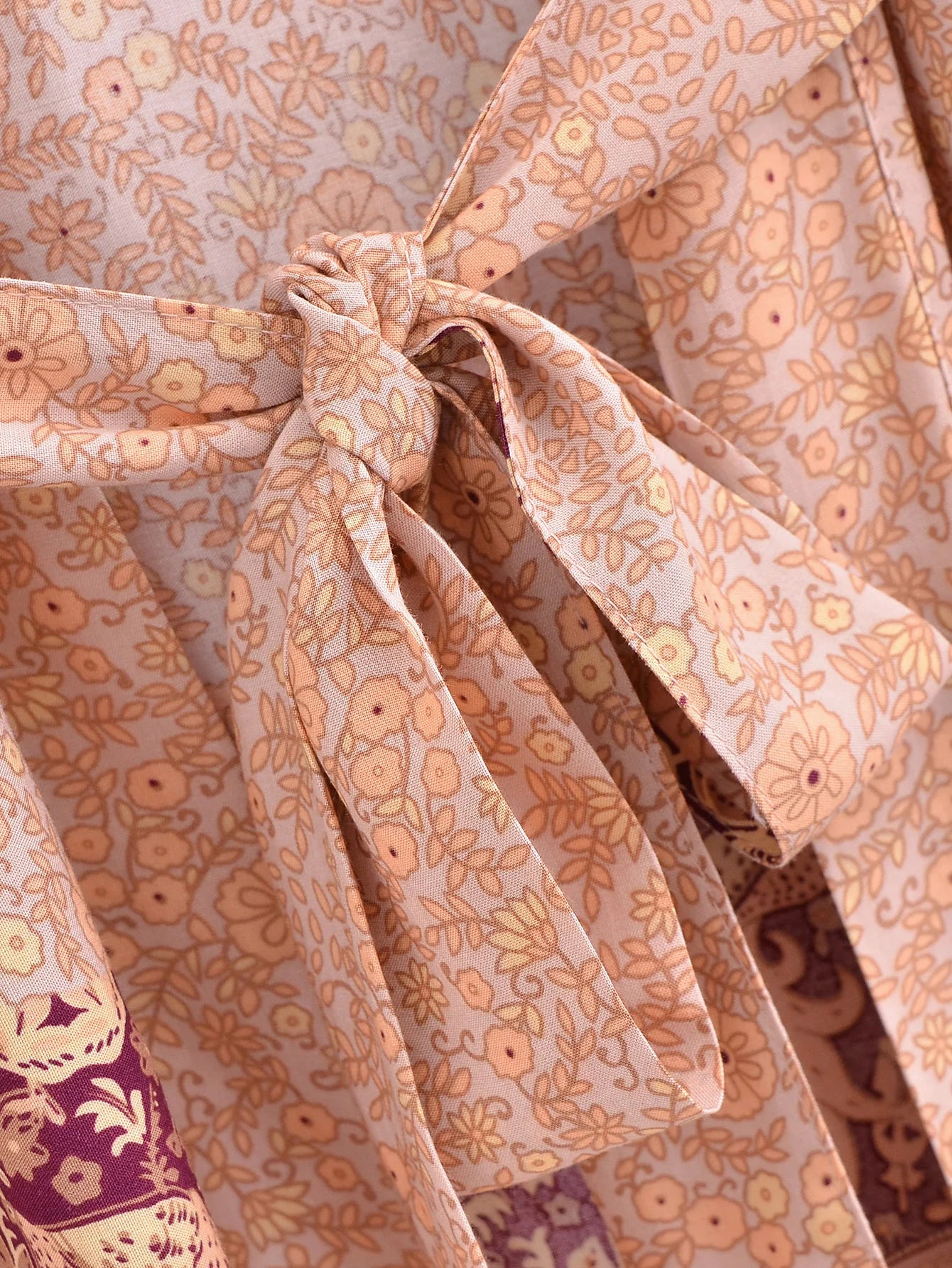 BOHO Women Blue With Pink Flower Print Kimono Shirt Holiday Tide Bow Sashes Mid Long Cardigan Summer Blouse Beach Cape