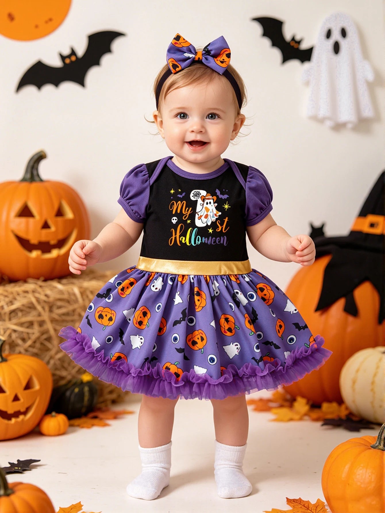 2Pcs Baby Girl My 1st Halloween Dress Set + Bow Headband