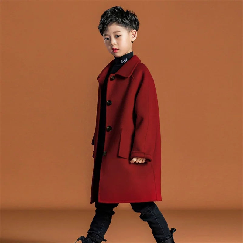 Boys Woolen Coat Overcoat Jacket Windbreak 2024 Red Warm Plus Thicken Autumn Winter Cotton School Children's Clothing