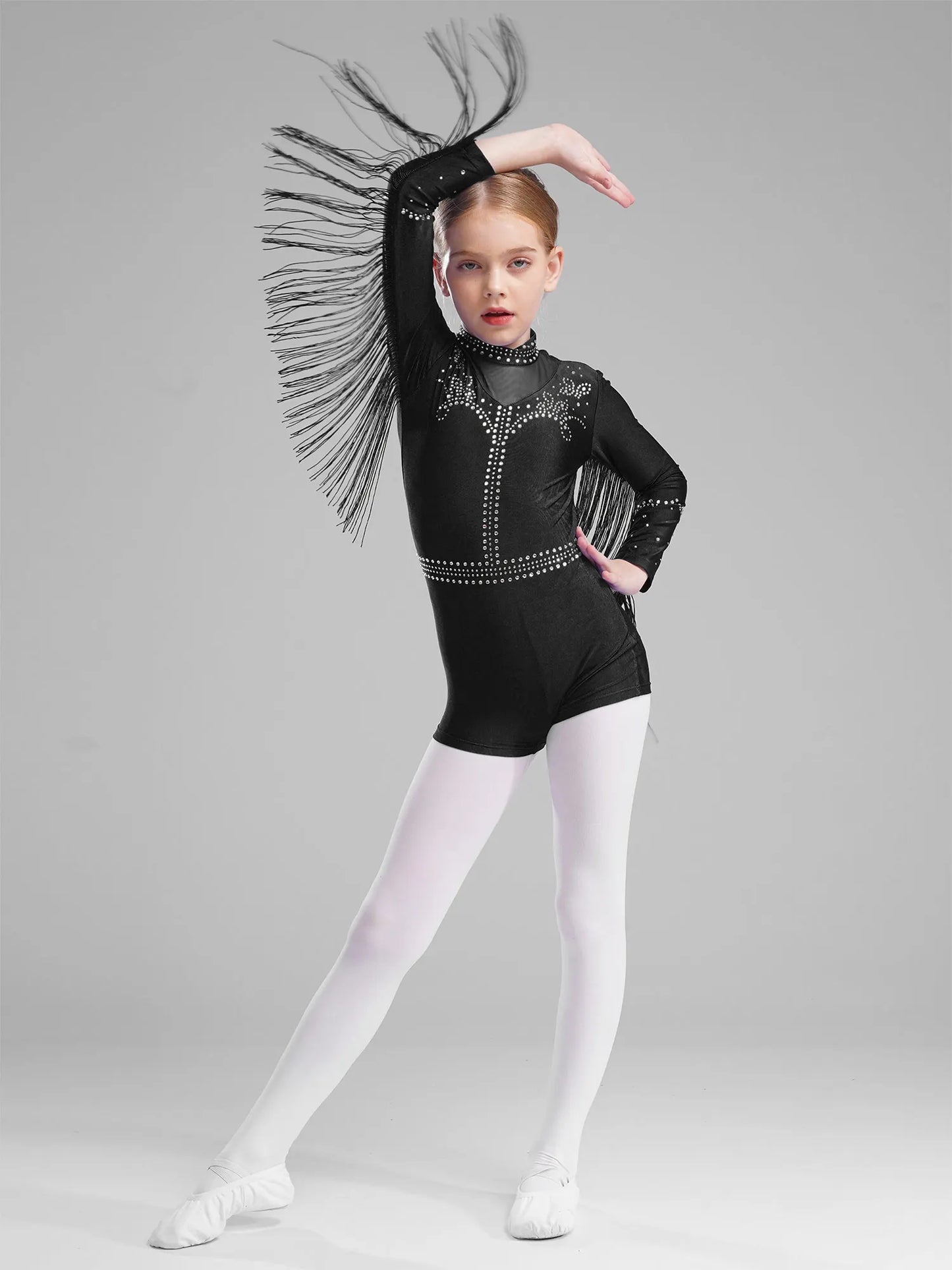 Girls Leotards Jumpsuit for Jazz Latin Skating Competition Costume Tassels Long Sleeve Rhinestones Bodysuit Modern Dancewear