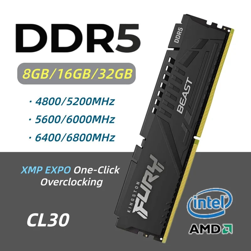 Kingston Fury Beast DDR5 CL30/40 Ram XMP EXPO Desktop Memory  8/16/32GB 4800 5200 5600 6000 6400 6800Mhz DIMM