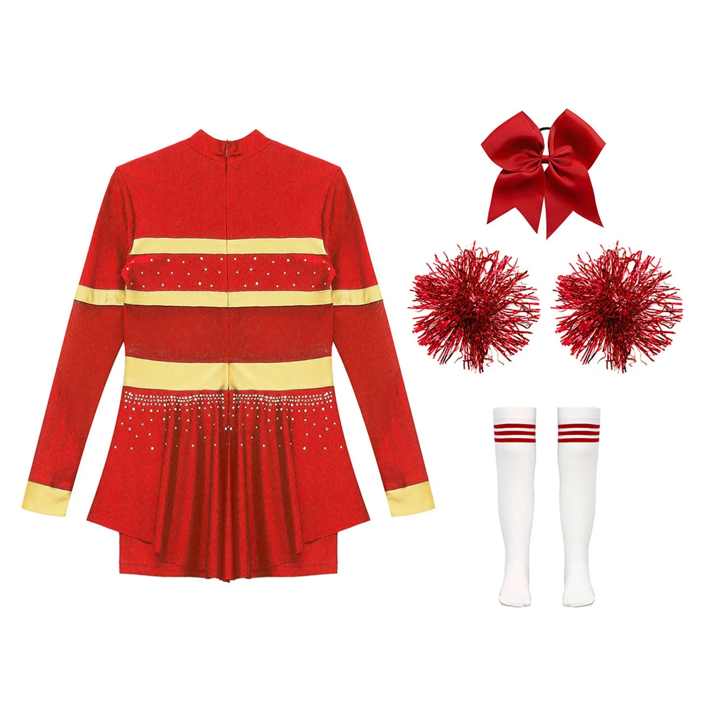 Girls Cheerleader Costume Long Sleeve Cheerleading Uniform Children Cheer Dance Dress Hand Flower Socks Stage Dancewear Sets