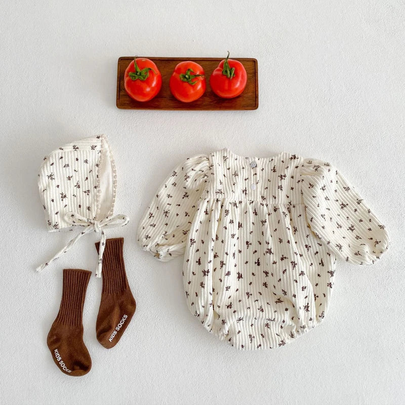 Autumn new style 0-2 years old baby clothing baby girl corduroy bubble sleeves jumpsuit, triangle climbing suit, gift hat