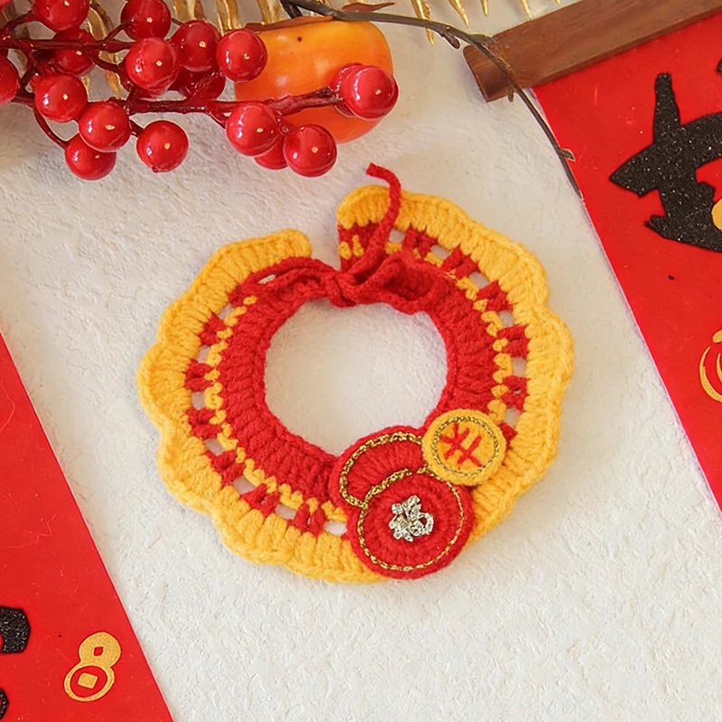 New Year Cat Collar Pet Cat Dog Scarfs Crocheted Kitten Puppy Collar Spring Festival Cat Cosplay Costume Pet Accessiories