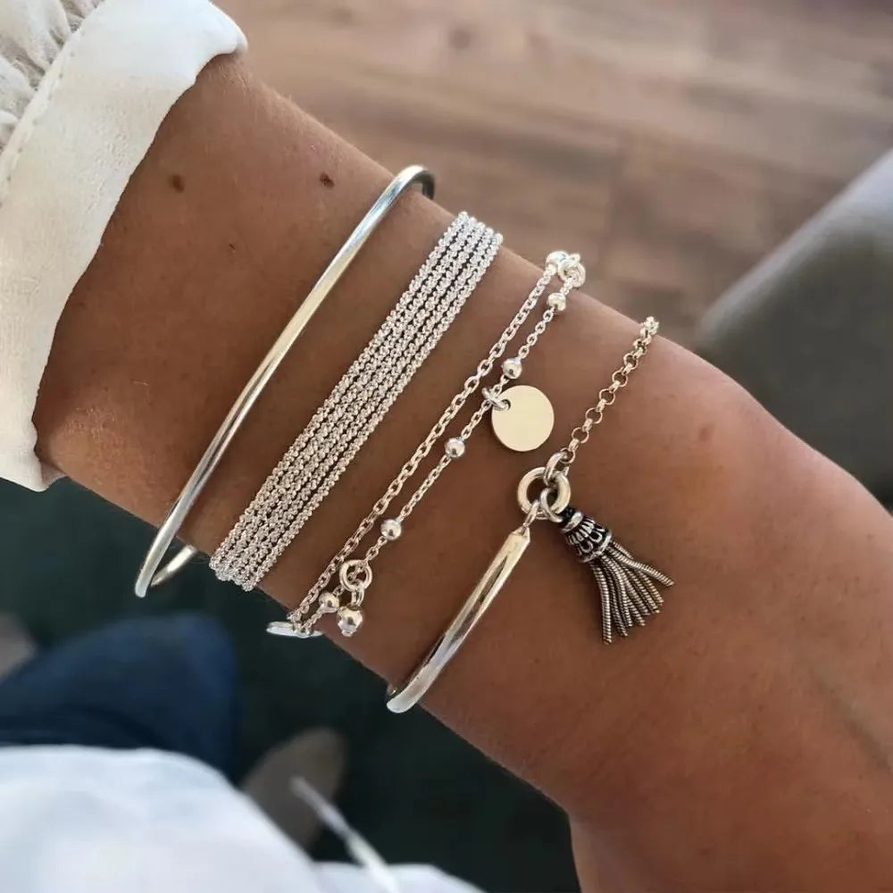 6pcs/sets Trendy Ins Flower Tassel Round Bead Bracelets for Women Charm Leaf Geometric Shape Adjustable Bracelet Jewelry Gift