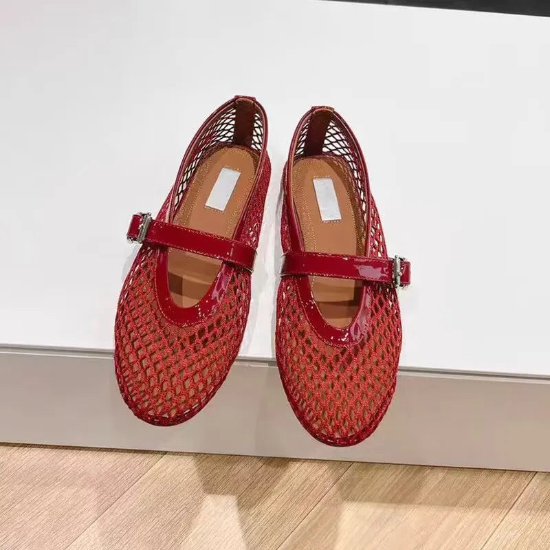 Designer brand original mesh buckle ballet sandals with women's hollow flat bottom Mary Jane mesh fishing net shoes