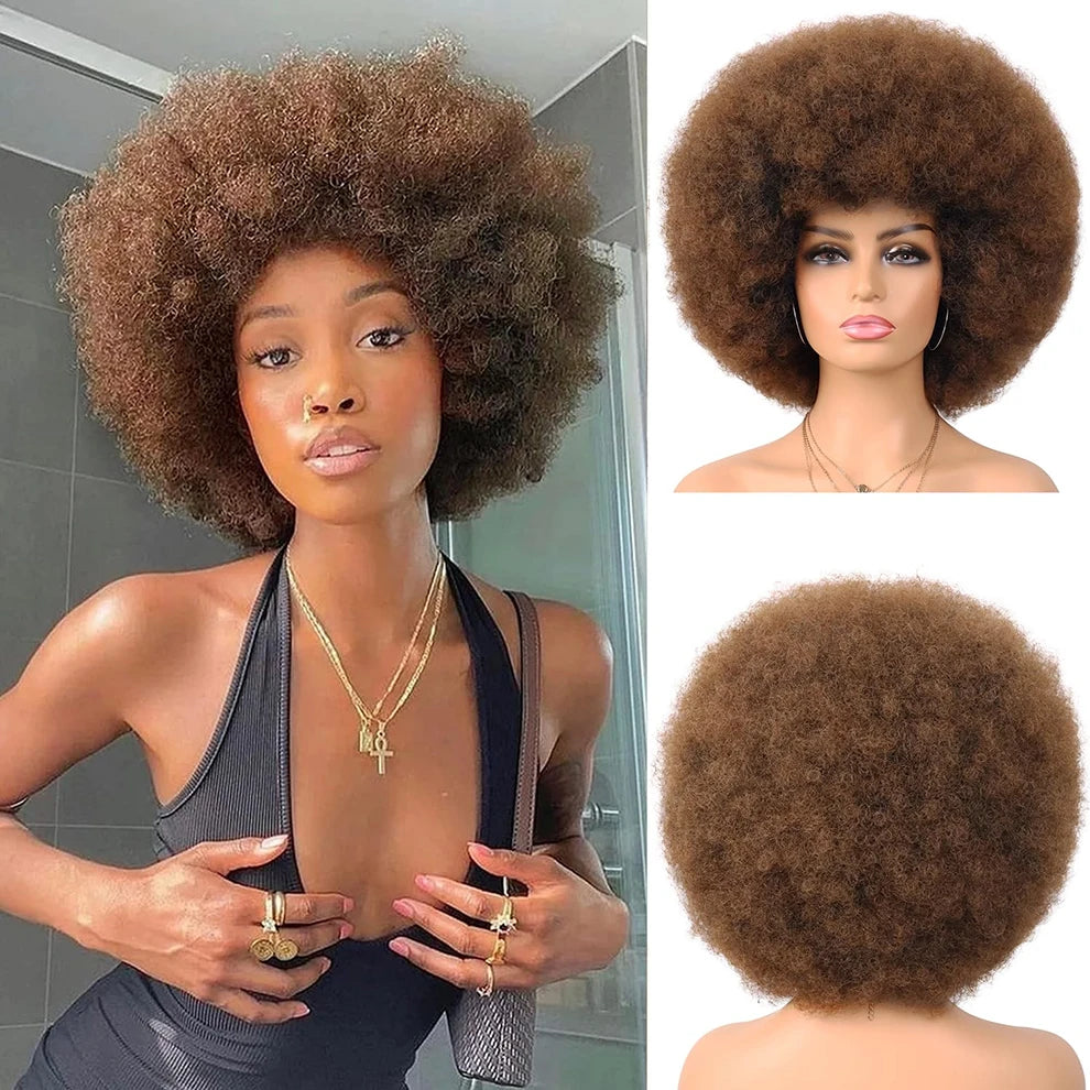 Afro Curly Human Hair Wigs for Black Women 13x4 Lace Front Red Brown Afro Puff Wig Natural Looking Heat Resistant Bouncy Hair