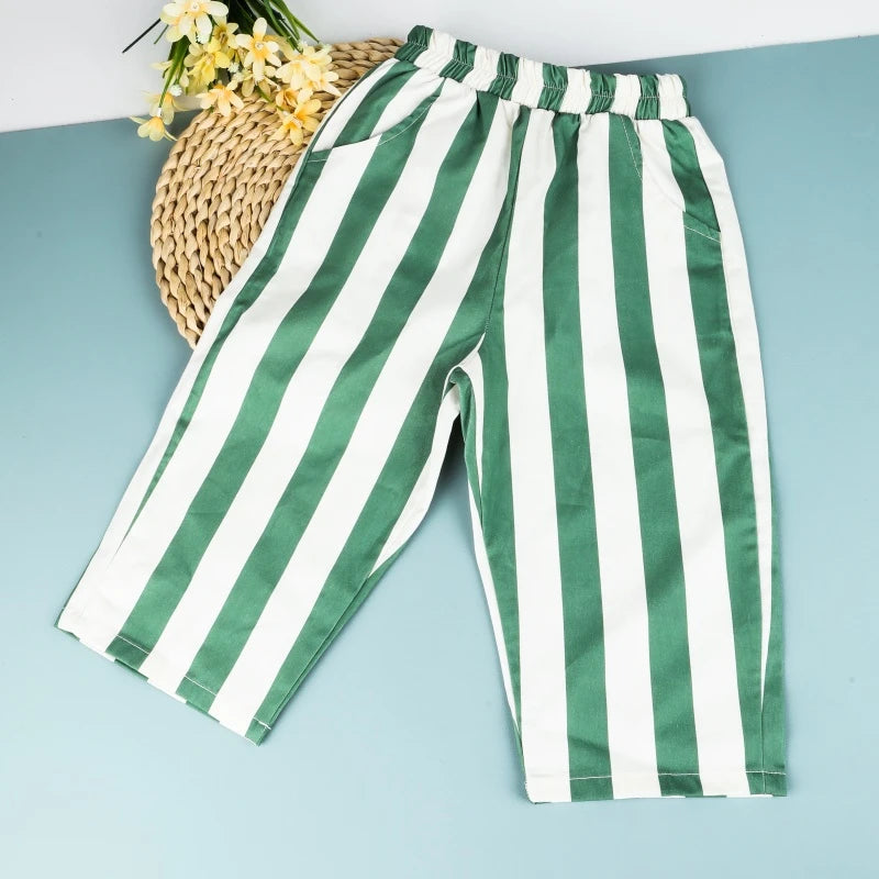 Summer Autumn New Boy Girl Children Loose Striped Casual Pants Baby Pockets Pants Kid Outdoor Cotton Trousers Toddler Costume