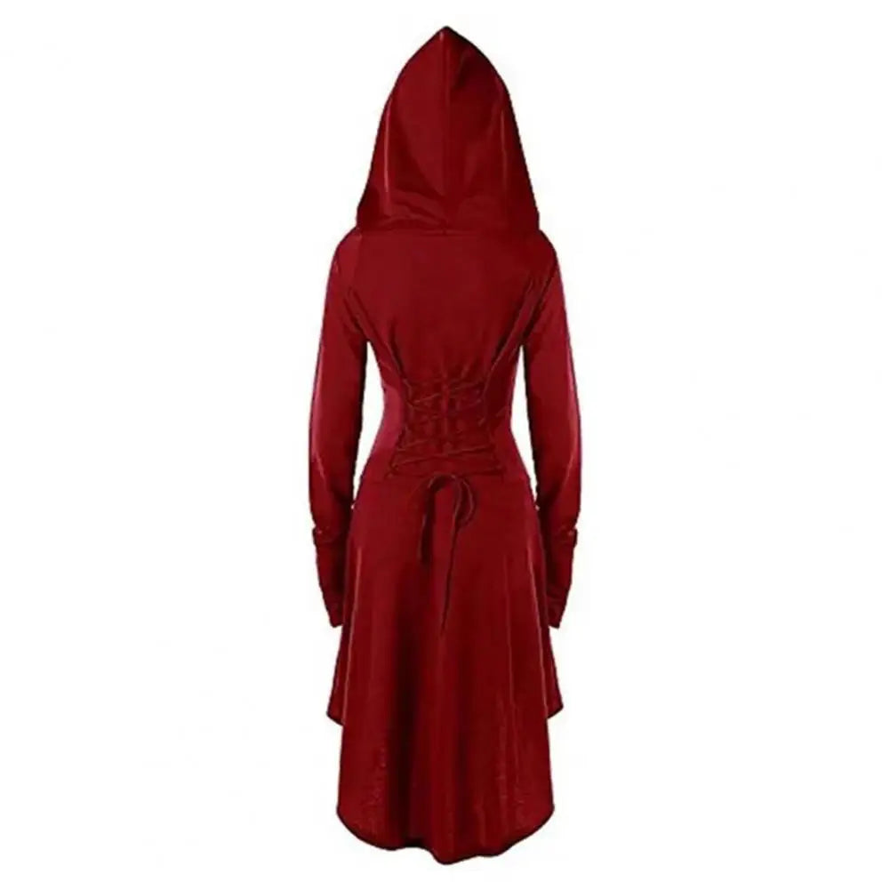 Women Milk Silk Dress Hooded Long Sleeves Lace-up Strap Slim Waist Irregular Hem Women Midi Dress Festival Party Halloween Dress