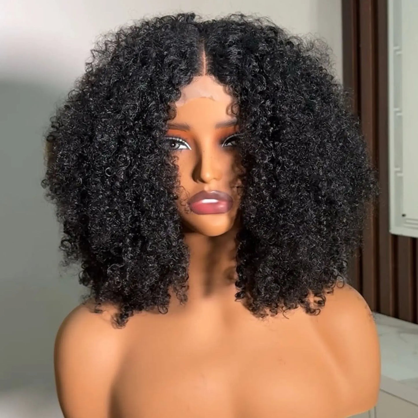 Black Color Short Bob Cut 13X4X1 HD Lace Front Synthetic Wig For Black Women Kinky Curly Preplucked With Baby Hair Soft Hair