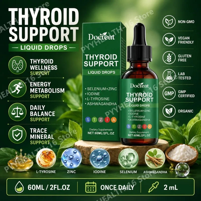 Docteat Thyroid Support Liquid Drops with Selenium, Zinc, Iodine, L-Tyrosine & Ashwagandha, Dropper Design for Daily Use, 60 ML