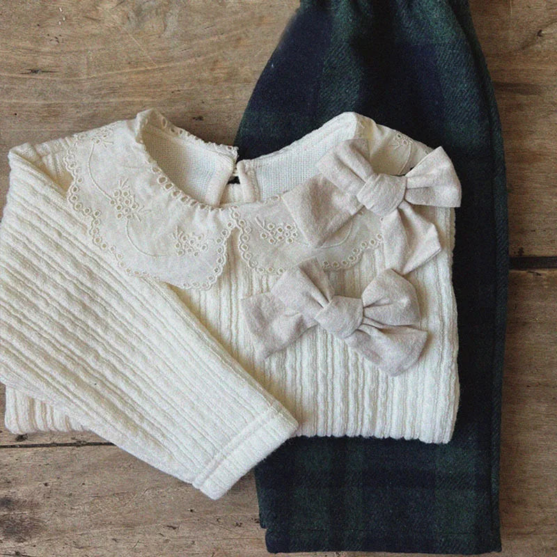 Baby Girl Sweet Lace Peter Pan Collar Tops Winter Fashion Ribbed Thickened Bottoming Tops Girls Simple Cotton Knitwear Tees