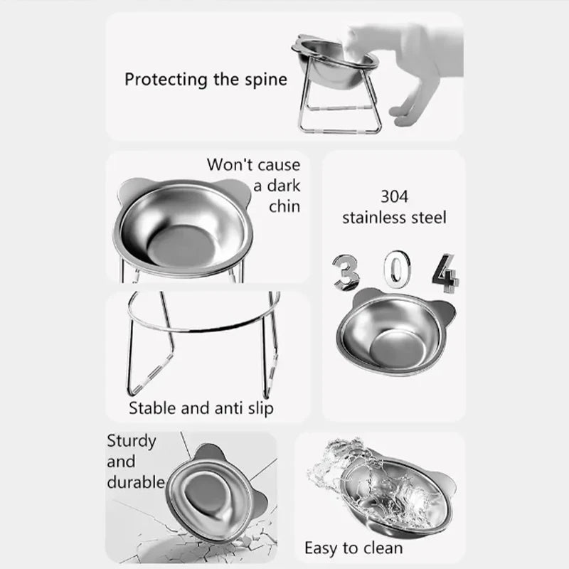 Premium 304 Stainless Steel Raised Cat Bowl with 15° Tilt Neck Guard Shatterproof Healthy Feeding for Senior Cats Kitten Puppy