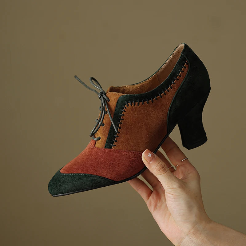 2025 New Spring Autumn Retro Mature Women Pumps Office Ladies High-heeled Lace-Up Genuine Leather Suede Shoes Woman High Quality