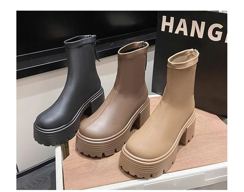 8CM Autumn Chunky Boots High Platform Leather Sneakers Women Round Toe Chelsea Boots British Style Thick Sole Female Ankle Shoes