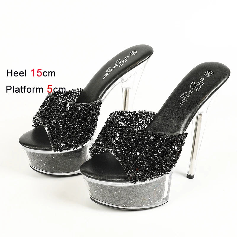 Transparent Platform Crystal Sandals 2024 Summer New Sequin Women Shoes Mules Peep Toe High Heels 15CM Thin High Heeled Slippers