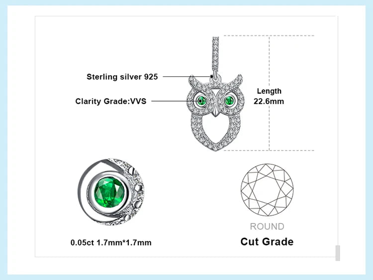 JewelryPalace Owl Simulated Nano Emerald 925 Sterling Silver Pendant Necklace for Woman Gemstone Fine Jewelry Without Chain