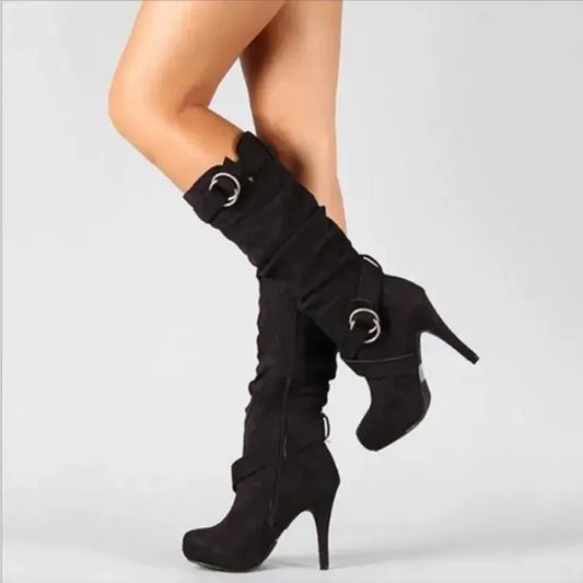 2025 New Sexy Knee High Women Boots Thin High Heel Round Toe Platform Fashion Ladies Pu Leather Boots Size 34-43 Lady Shoes