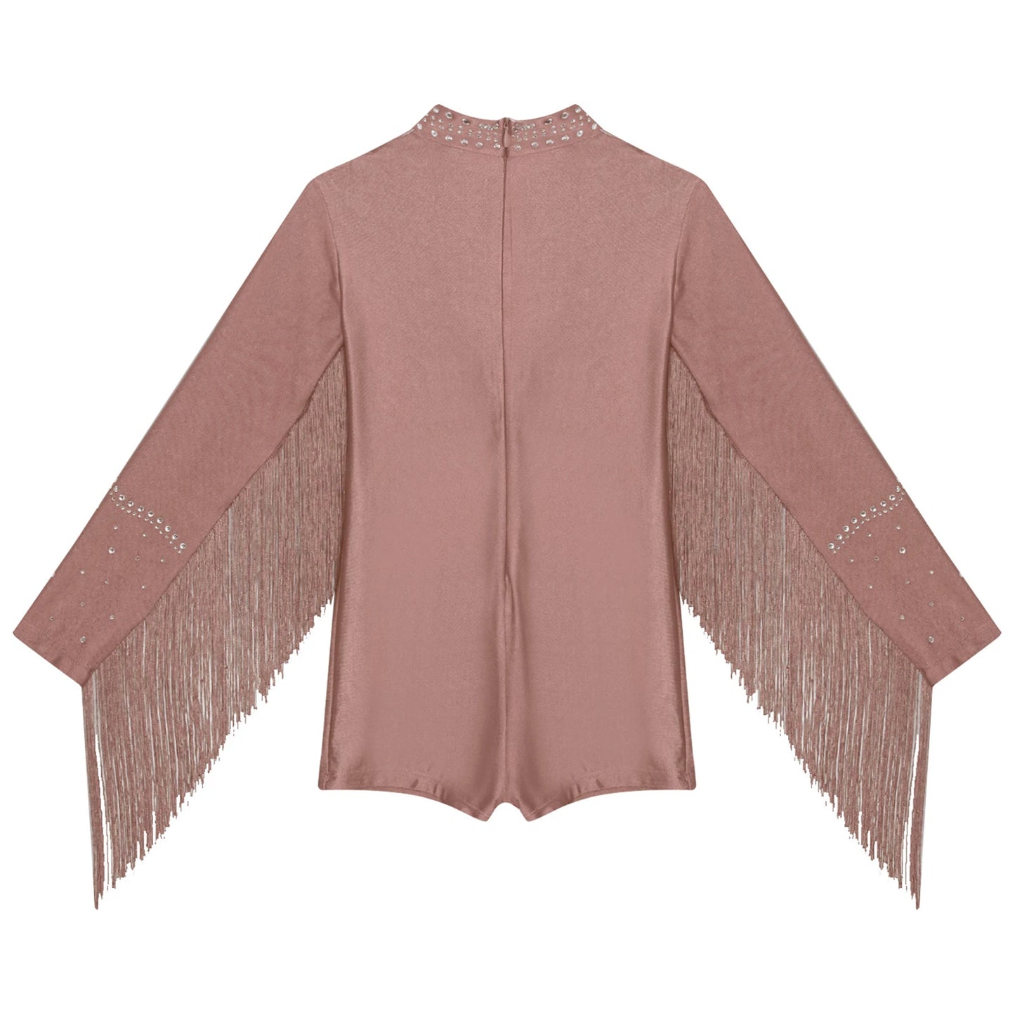 Girls Leotards Jumpsuit for Jazz Latin Skating Competition Costume Tassels Long Sleeve Rhinestones Bodysuit Modern Dancewear