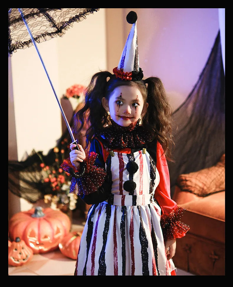 Halloween Cosplay Costumes Horror Clown Dresses Pants Headwear Clothes Sets Carnival Theme Party Role Playing Outfits for Girls