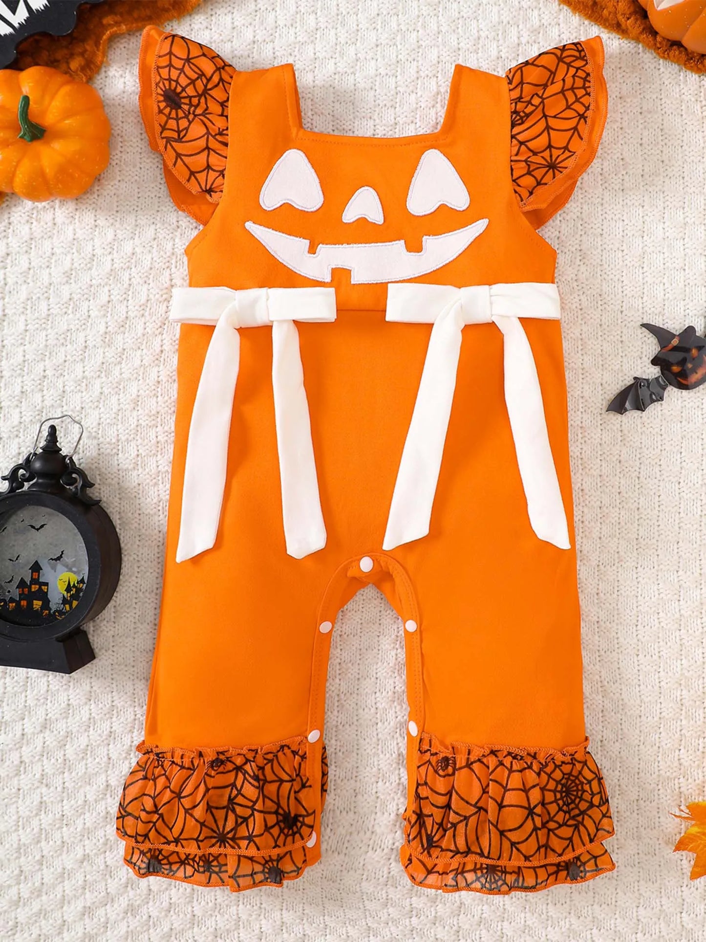 Infant Girls Halloween Theme Party Carnival Pumpkin Ghost Skeleton Cosplay Costume Skull Pumpkin Face Apparition Print Romper