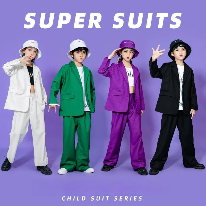 Kids Hip Hop Dance Costume Boys Girls Blazer Pants Set Streetwear Outfit for Stage Performance Competition Jazz Dance Photoshoot