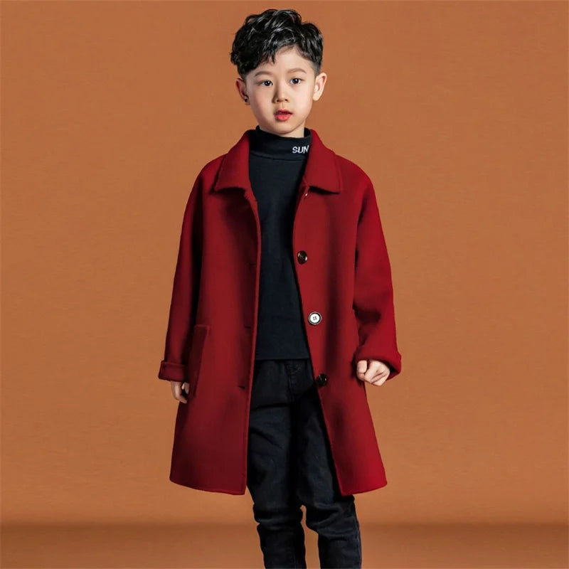 Boys Woolen Coat Overcoat Jacket Windbreak 2024 Red Warm Plus Thicken Autumn Winter Cotton School Children's Clothing