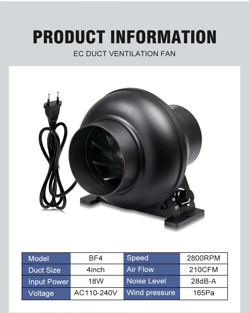 4'' EC Duct Ventilation Fan, Duct Mount Fan with Adjustable Speed Controller, Cooling Fan For Greenhouse Grow Tent Ventilation